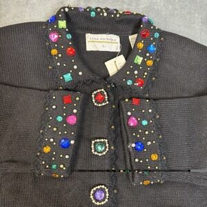 NWT Vintage Lisa Nichols Black Jeweled Crown Cardigan Sweater Large Retro 80's